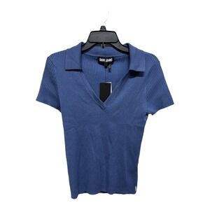 DKNY Ribbed Blue Polo Short Sleeve Basics Minimalist Academia Size Large